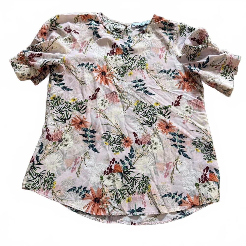 ANTONIO MELANI 100% Silk SZ XS Crew neck Pleated Short Sleeve Flowered Blouse